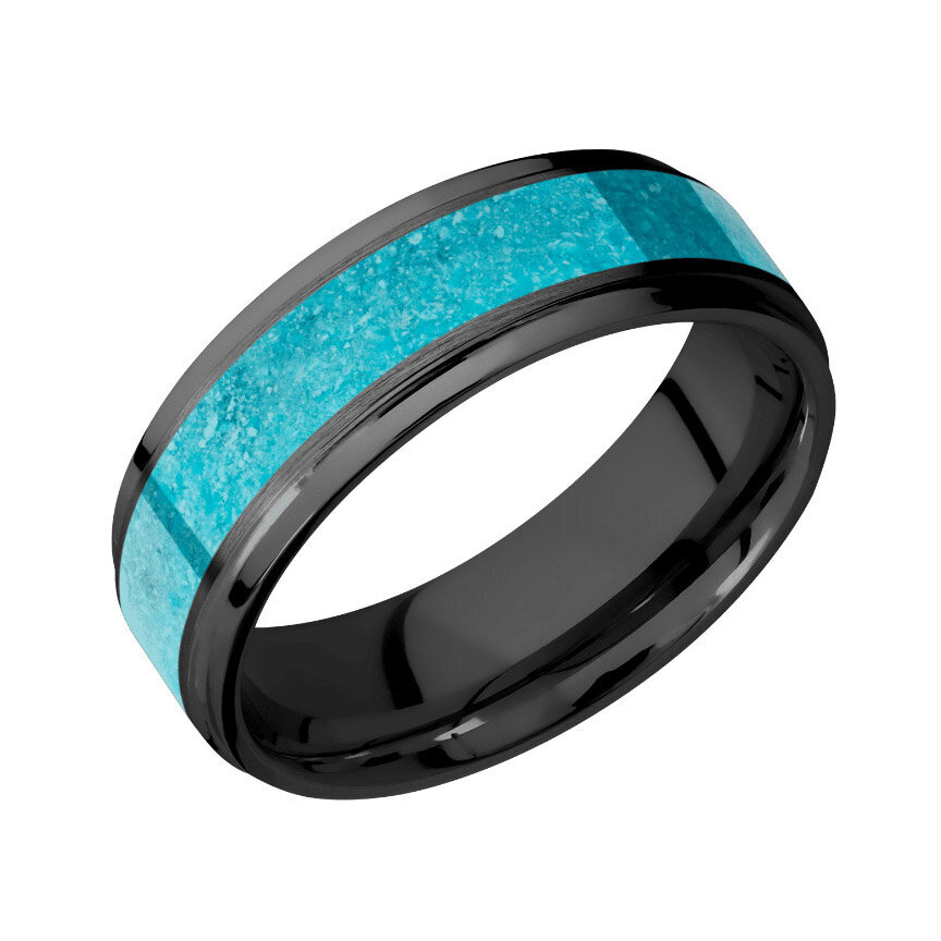 Black Zirconium Wedding Ring with 4 mm Off Center Turquoise Inlay