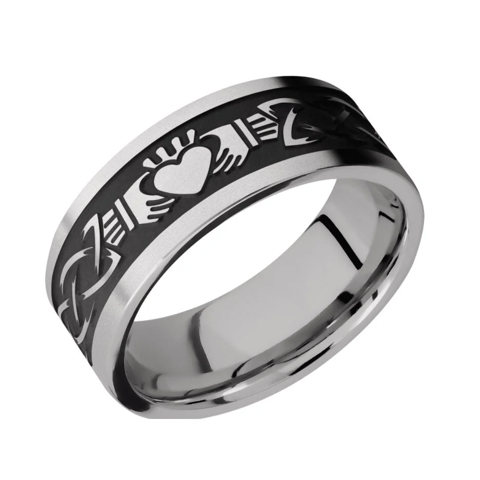 Cobalt Chrome Wedding Ring with Claddagh Celtic Design with Black Background