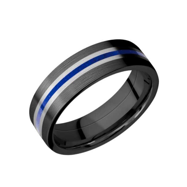 Black Zirconium Thin Blue Line Wedding Ring with Lapis and Titanium Inlay