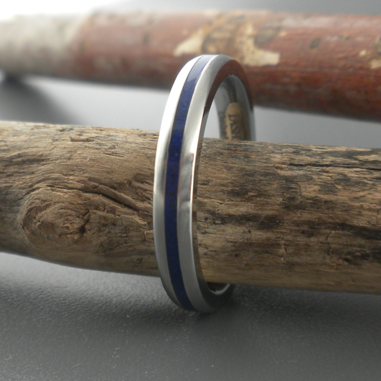 Narrow Domed Profile Cobalt Chrome Wedding Ring with Lapis Inlay