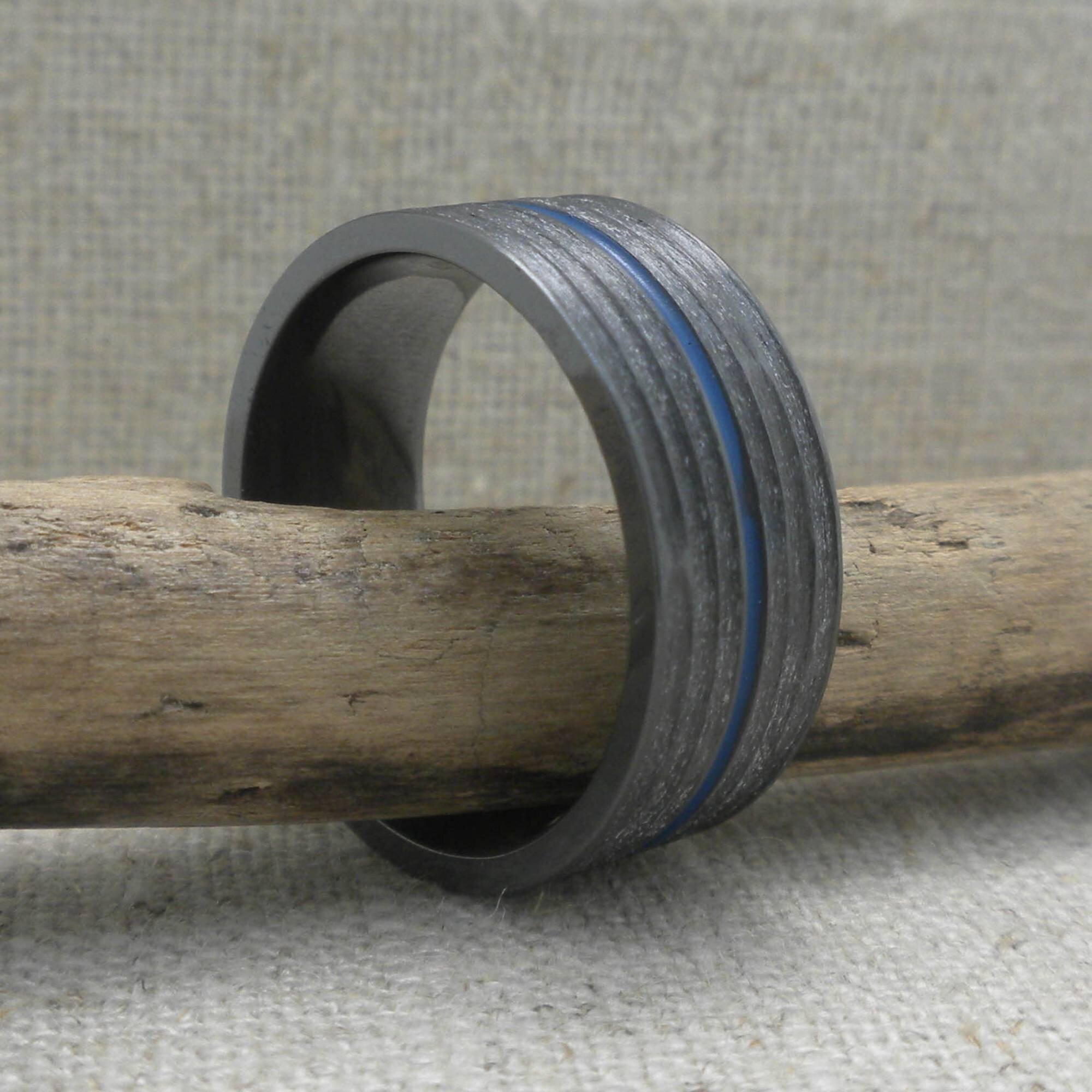 Black Zirconium Wedding Ring with Thin Blue Line and Bark Finish