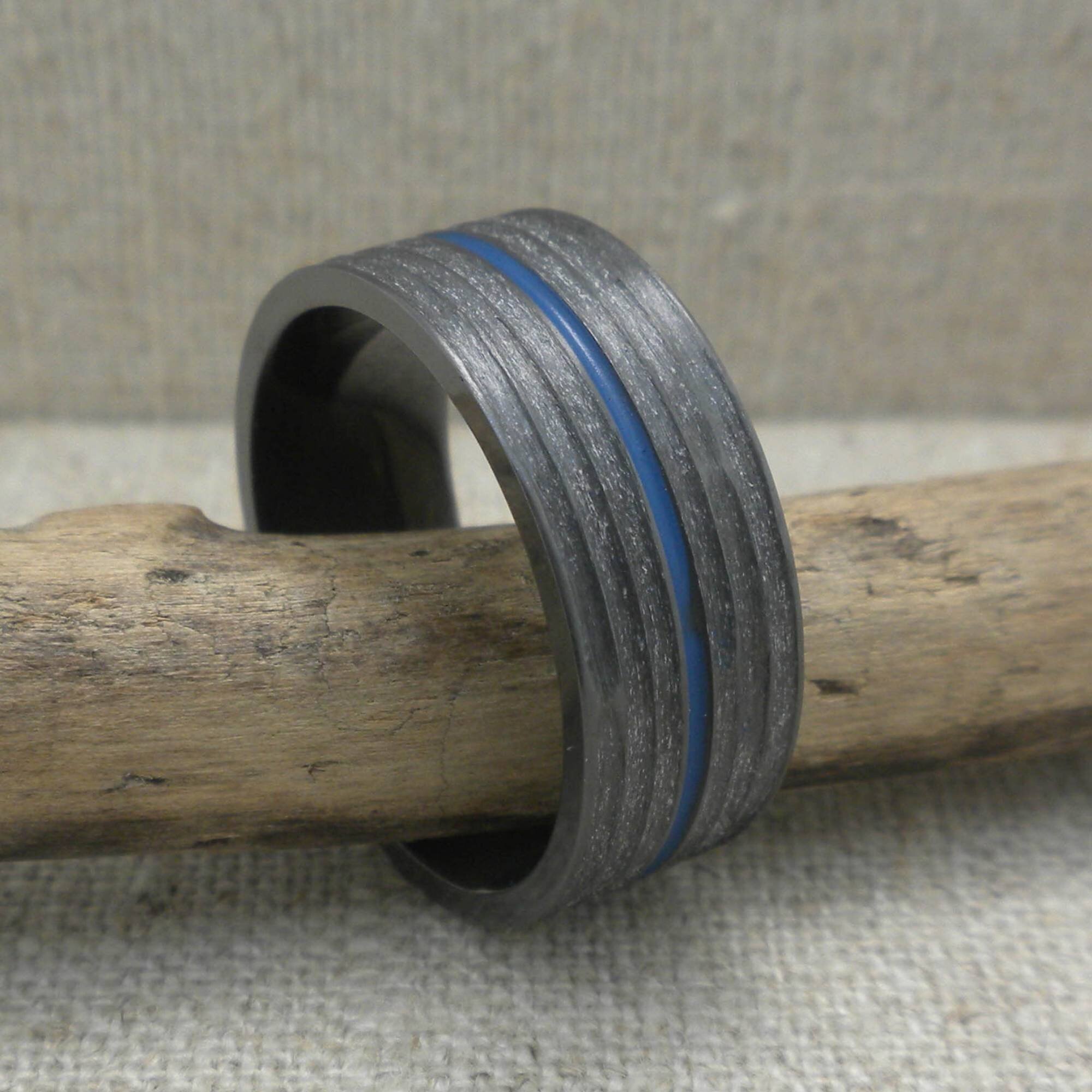 Thin Blue Line Wedding Ring with Bark Finish