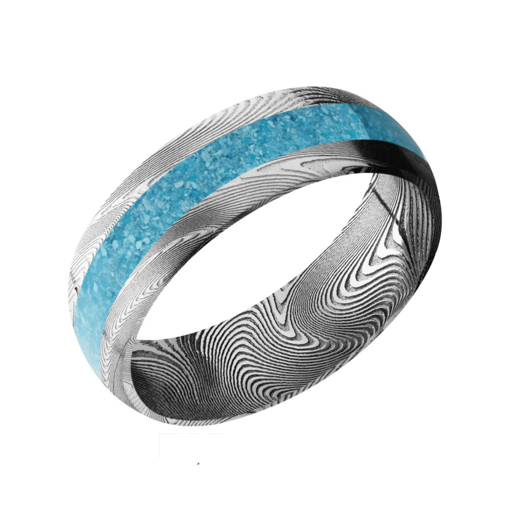 7 mm Wide Damascus Steel Wedding Ring with Turquoise Inlay