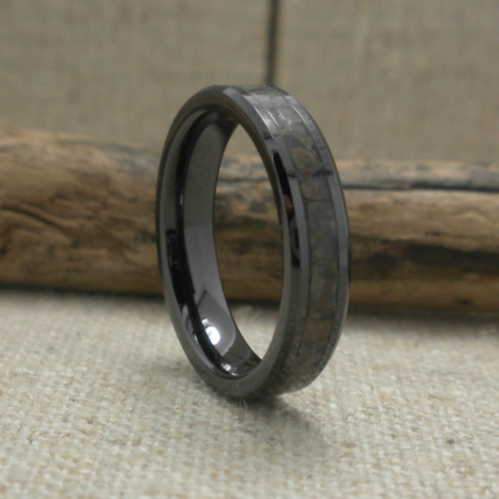 4mm SILURIAN Dinosaur Bone Inlaid Black Ceramic Wedding Ring