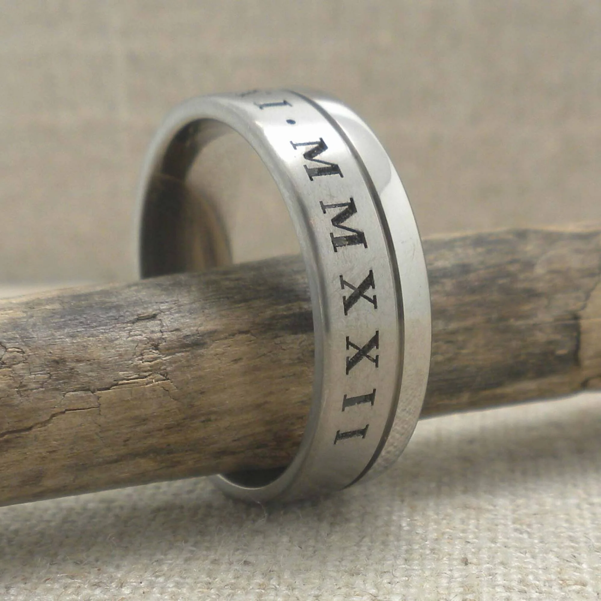 Roman Numeral Titanium Wedding Ring with Rail Edge