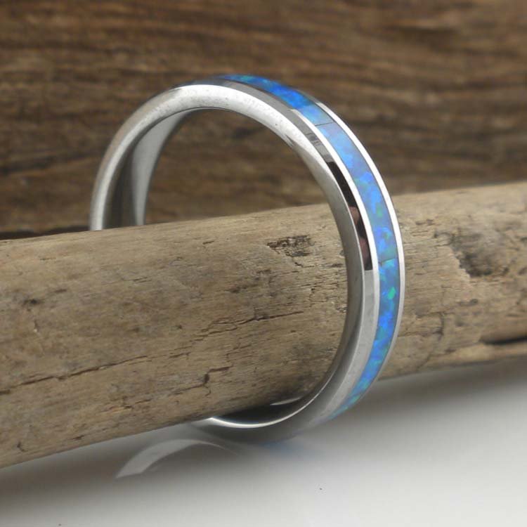 Tungsten Wedding Ring with blue-green opal inlay 
