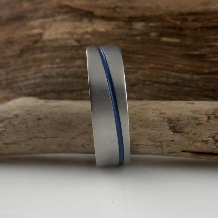 Thin Blue Line Wedding Ring in Titanium