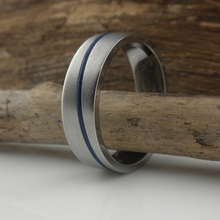 Titanium Wedding Band with Thin Blue Line