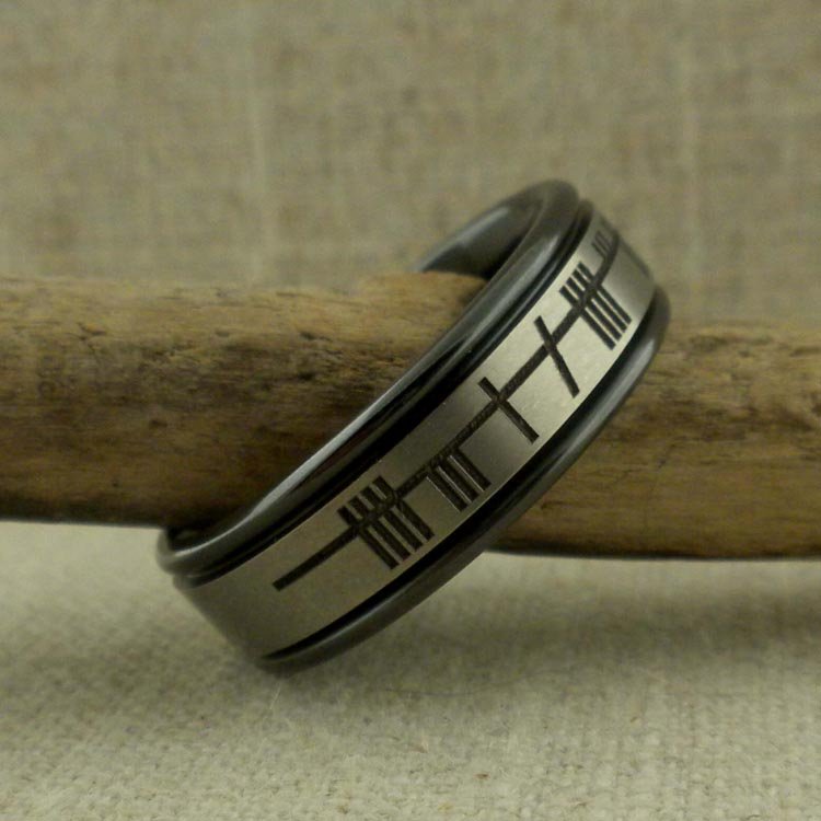 Black Zirconium Wedding Ring with Custom Ogham