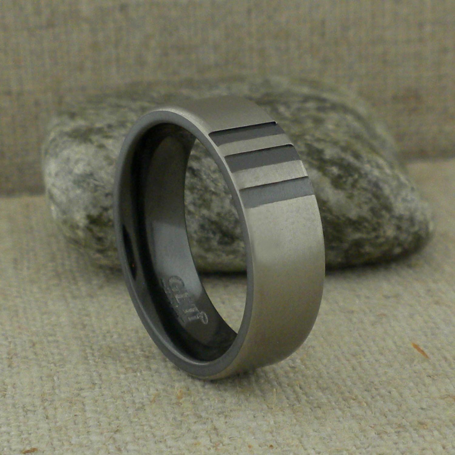 Black Zirconium Wedding Ring with Three Stripes — Unique Titanium ...