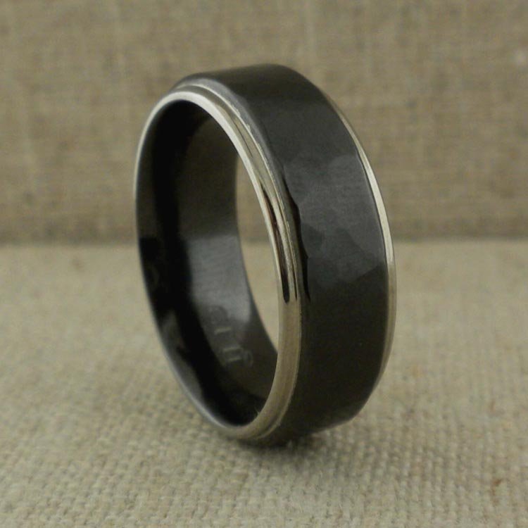 Two-Tone Zirconium Ring with Black Hammered Center