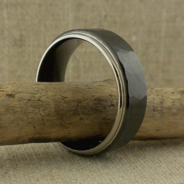 Two-Tone Zirconium Ring with Black Hammered Center