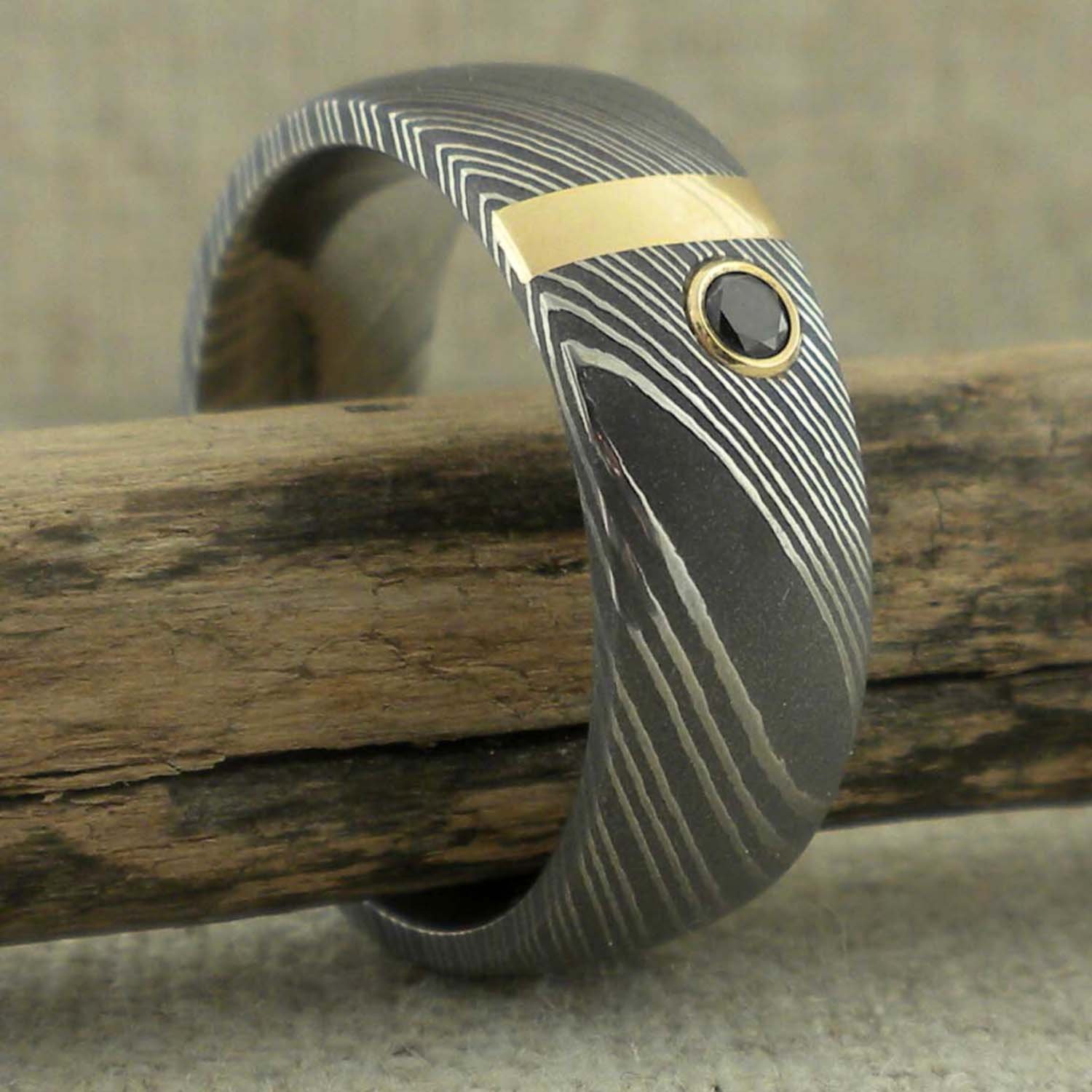 Damascus Steel Ring with 14K Yellow Gold Vertical Inlay and Black Diamond —  Unique Titanium Wedding Rings