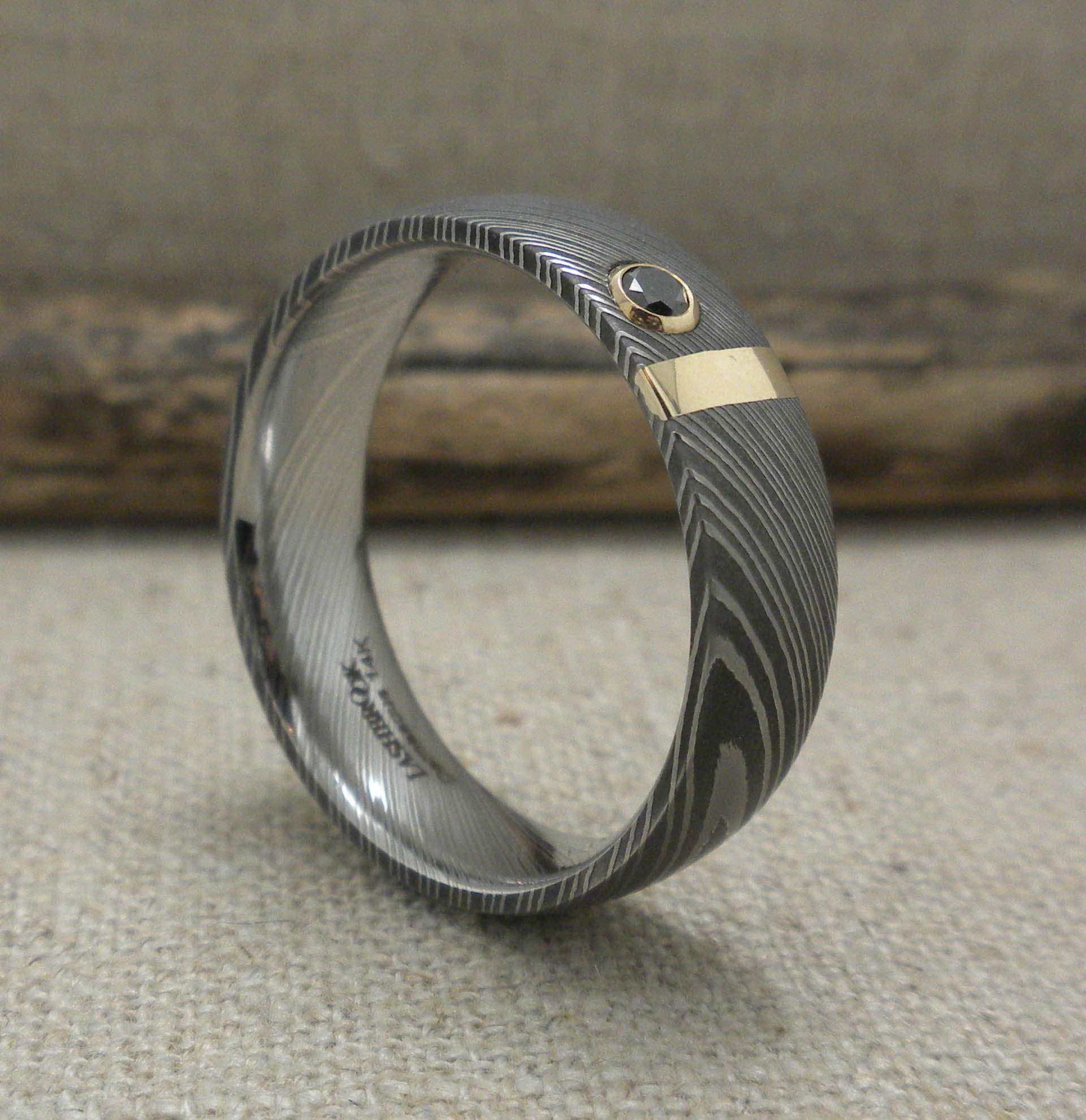 Damascus Steel Wedding Ring with Black Diamond