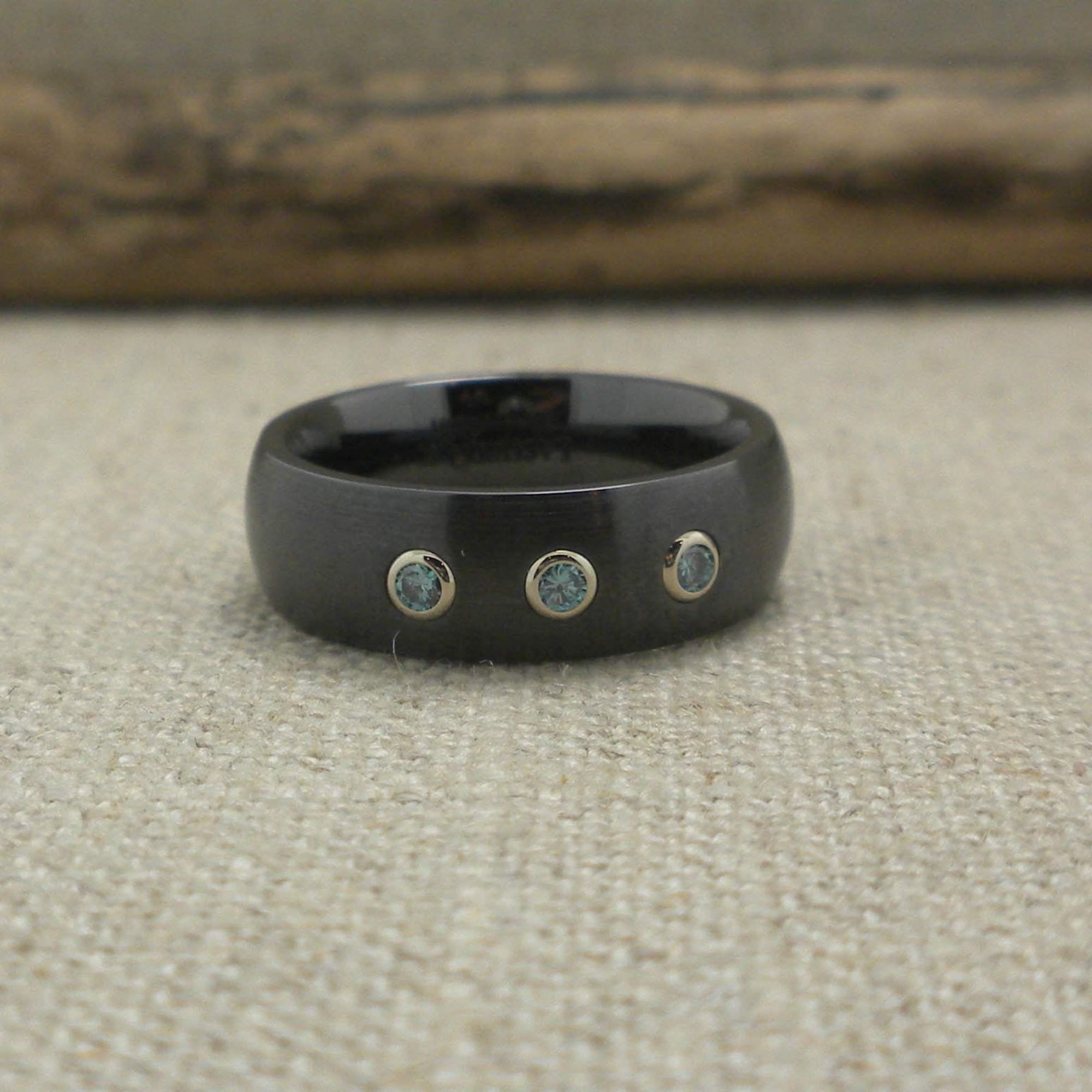 6 mm Black Zirconium Wedding Ring with Aqua  Diamonds