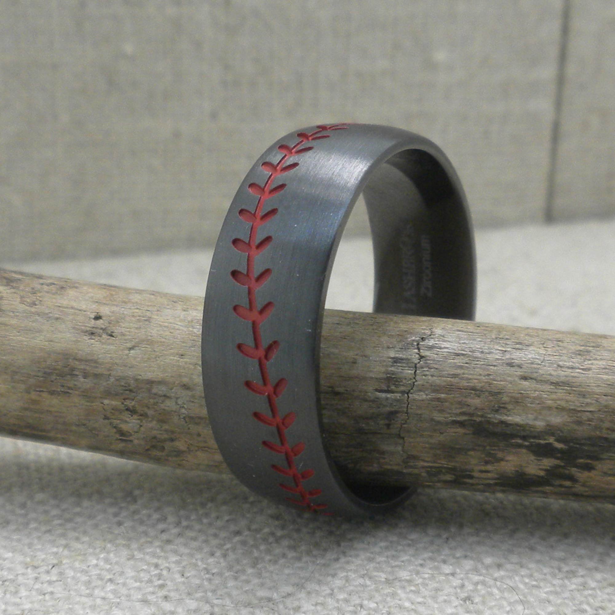 Black Zirconium Baseball Wedding Ring with Red Stitches
