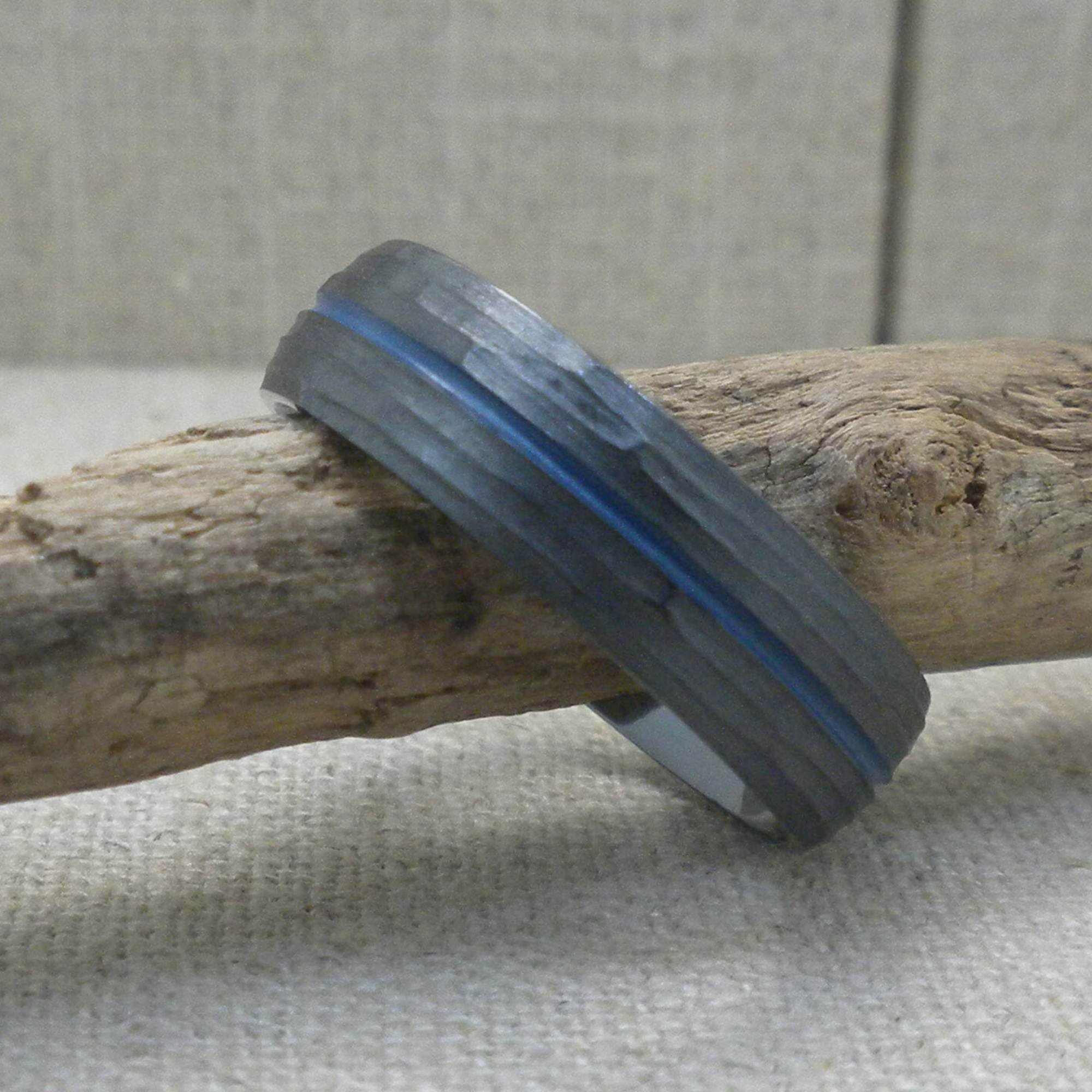 Thin Blue Line Wedding Ring with Tree Bark Finish