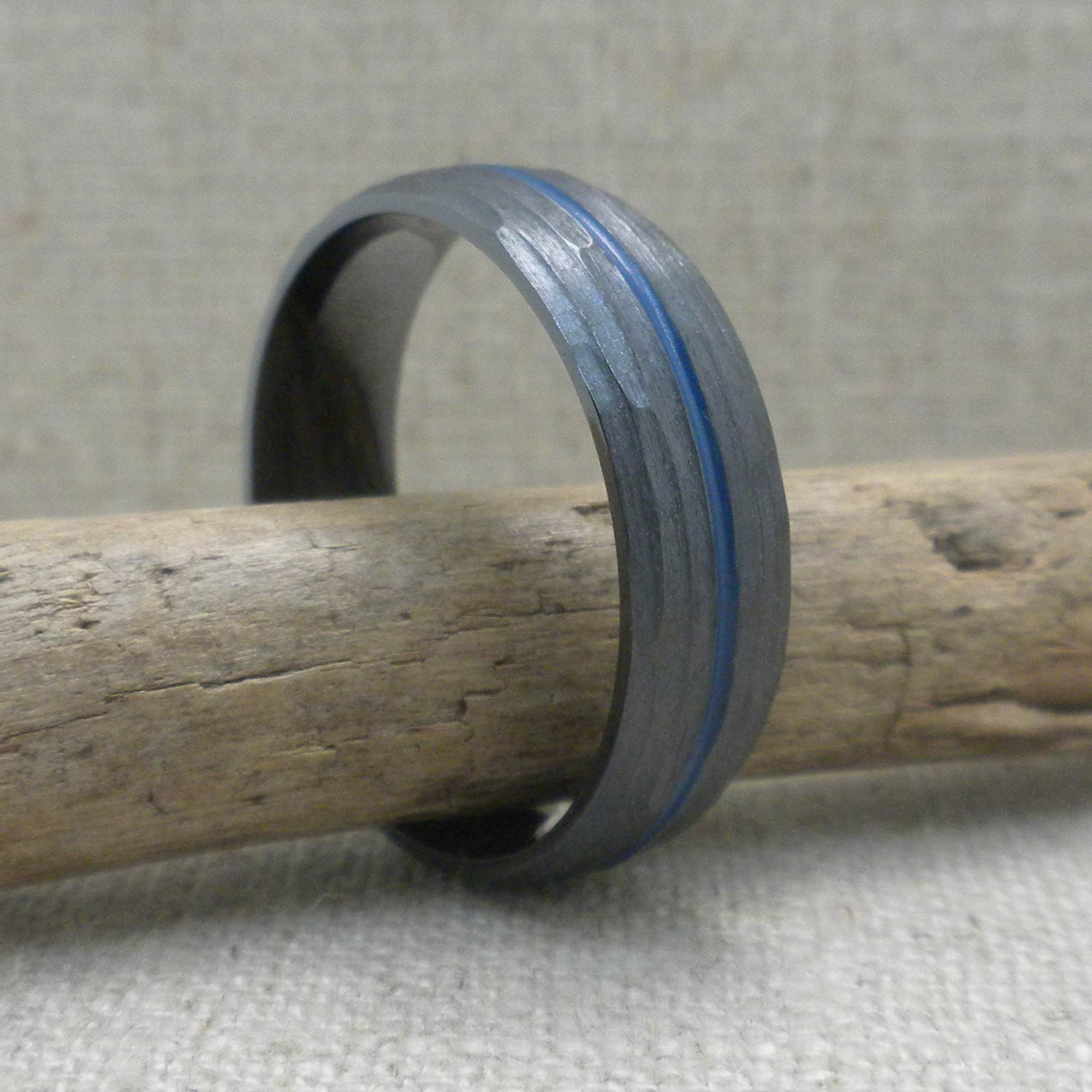 Thin Blue Line Wedding Band with Tree Bark Finish