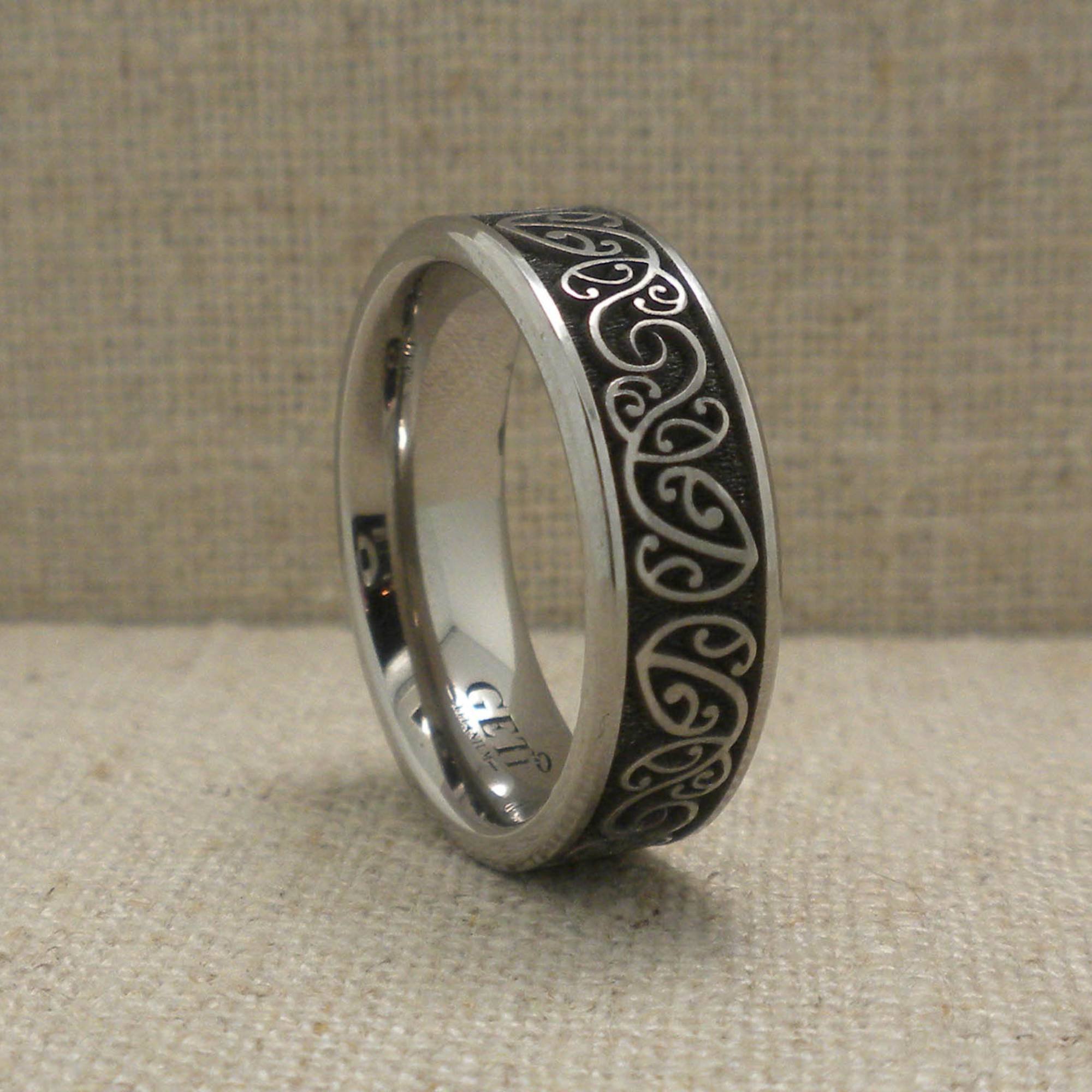 Titanium Wedding Band with New Zealand Koru Fern Design