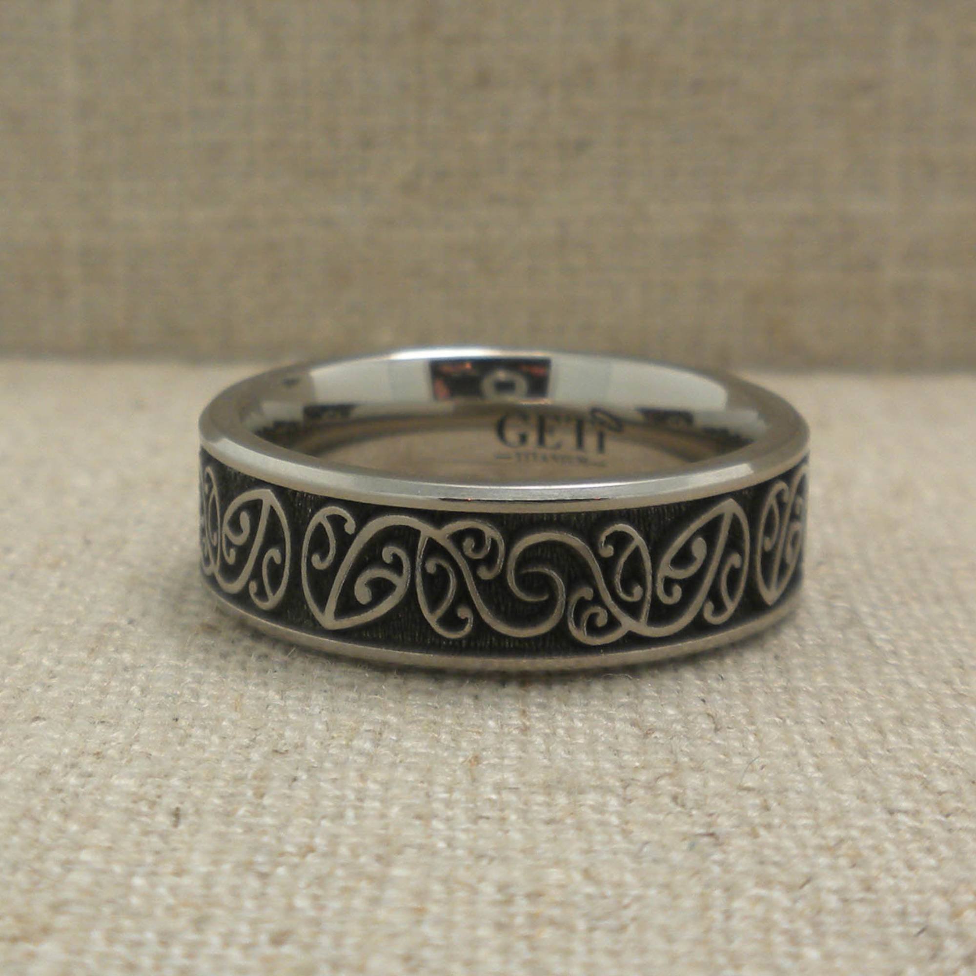 Titanium Wedding Band with New Zealand Koru Fern Design