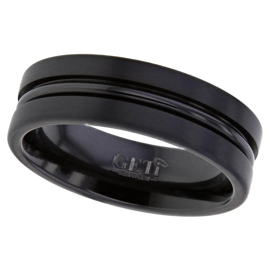 All Black Zirconium Wedding Ring with 1/2 Round Center Rail