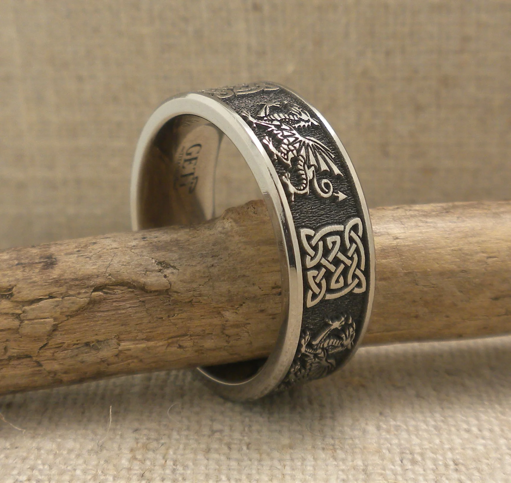 Welsh Dragon and Celtic Knot Titanium Wedding Ring