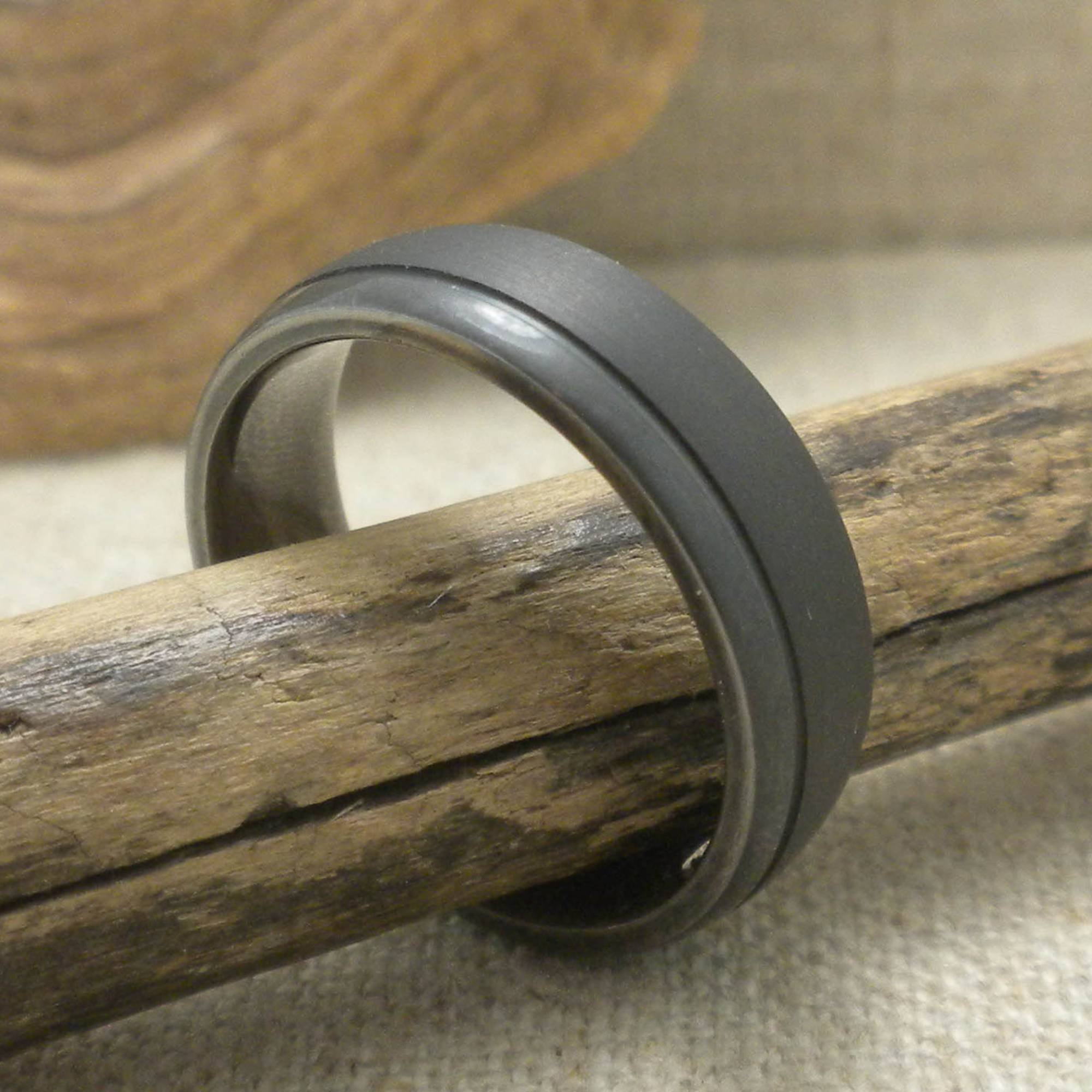 Tantalum Noir Wedding Ring with Off Center Groove Satin and Polished Finish