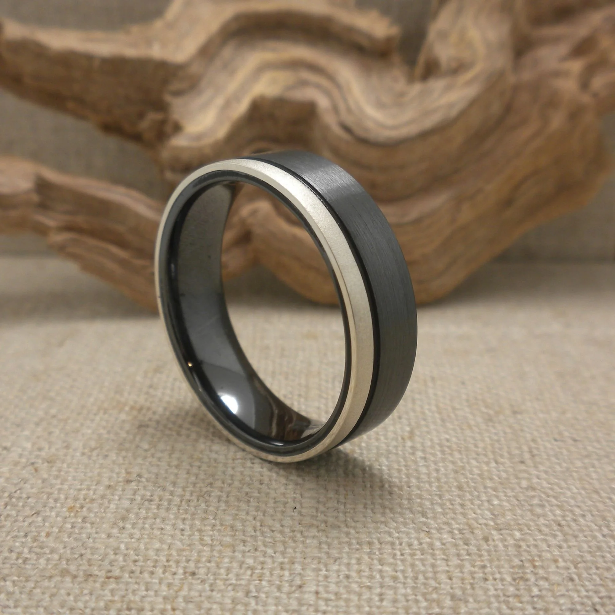 Black Zirconium Wedding Ring with Silver Edge