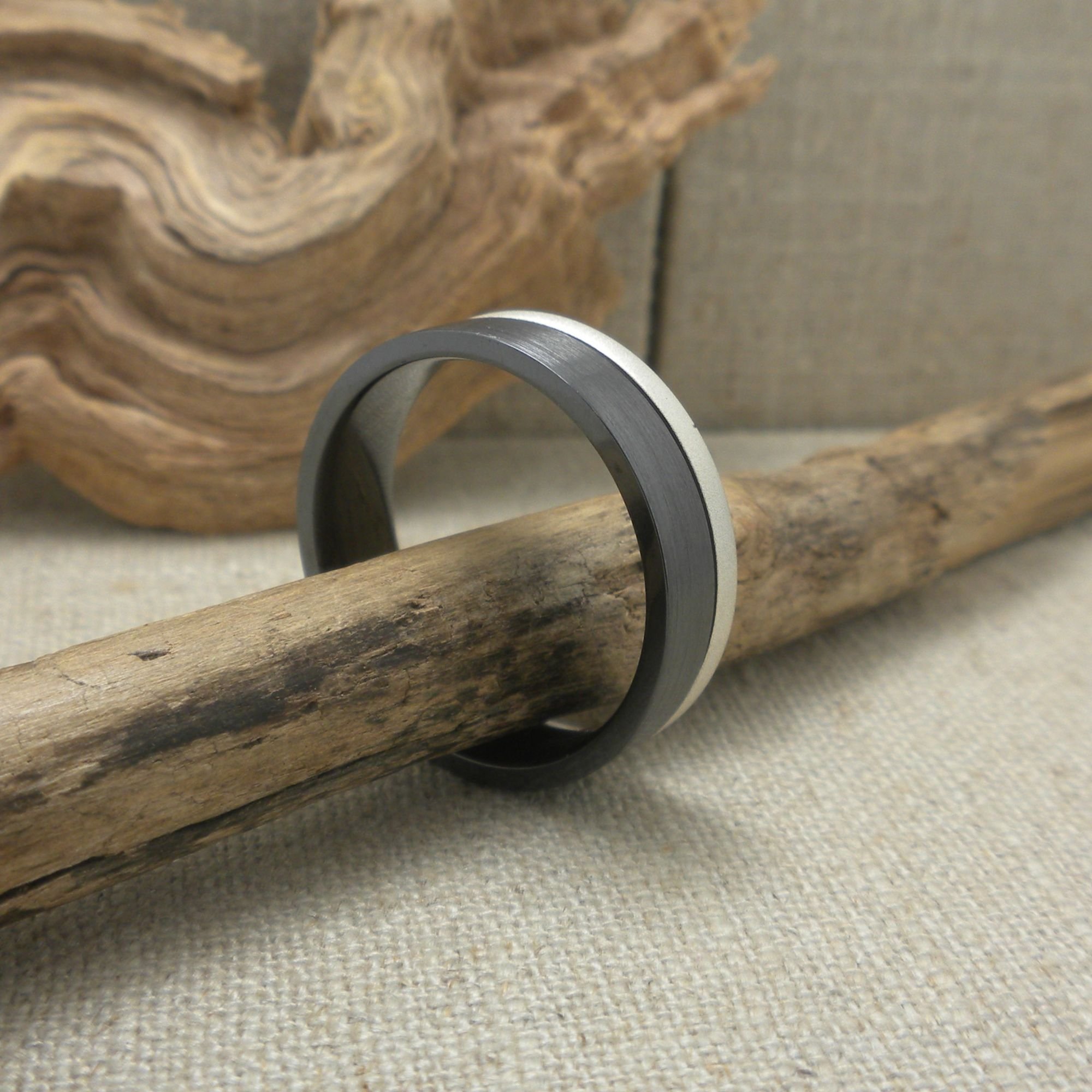 Black Zirconium Wedding Band with Silver Edge