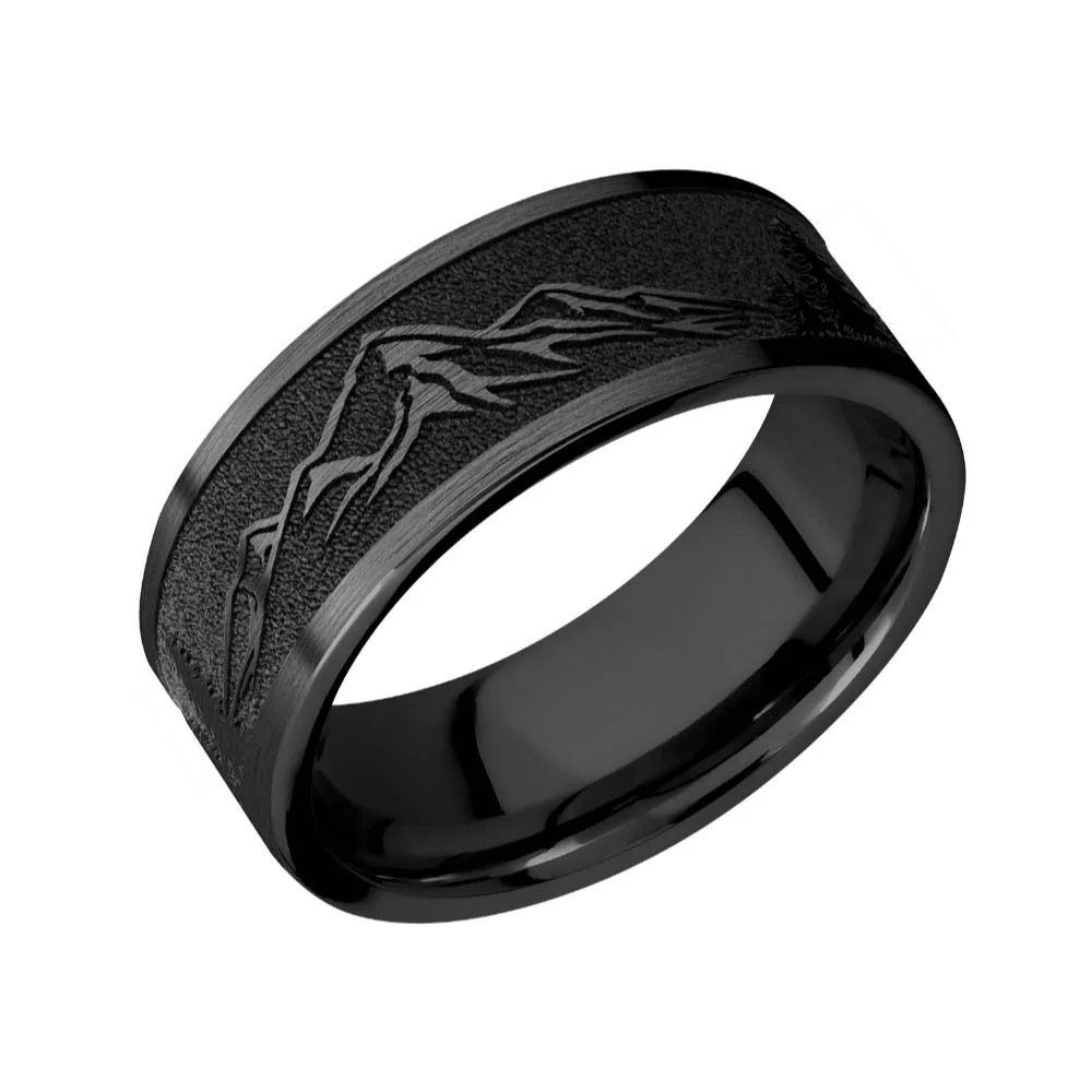 REMAKE 8 mm Black Zirconium with Mountain Peaks Wedding Ring