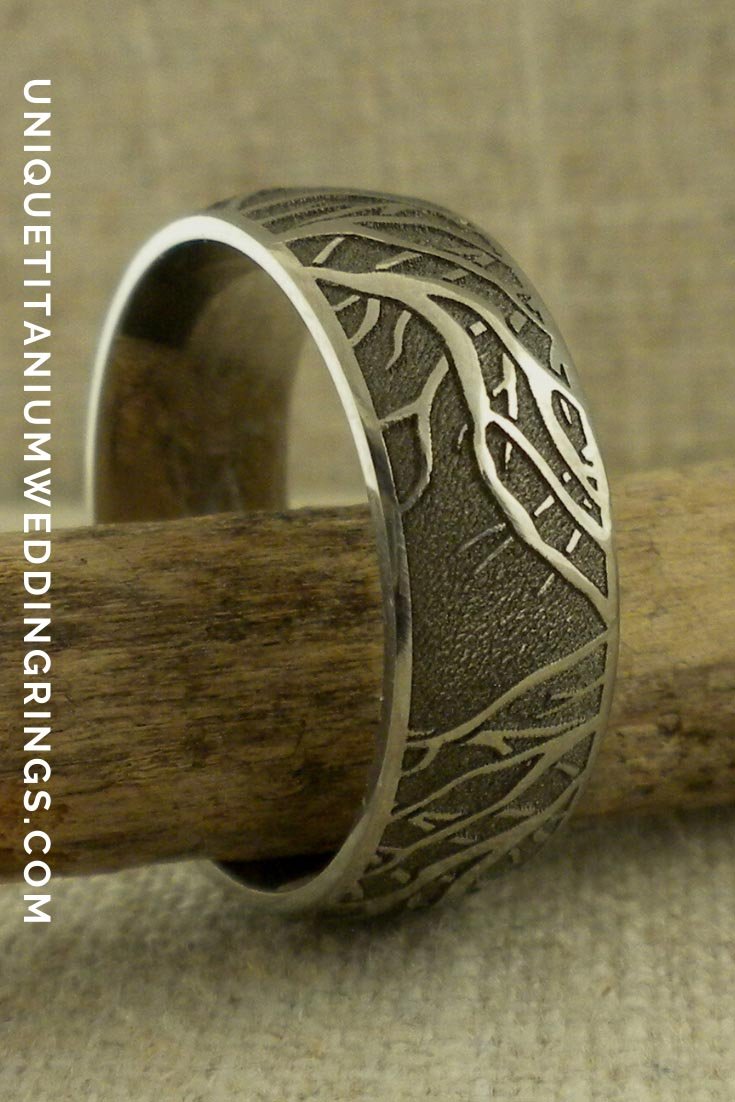 Titanium Wedding Ring with Tree of Life Branches — Unique Titanium ...
