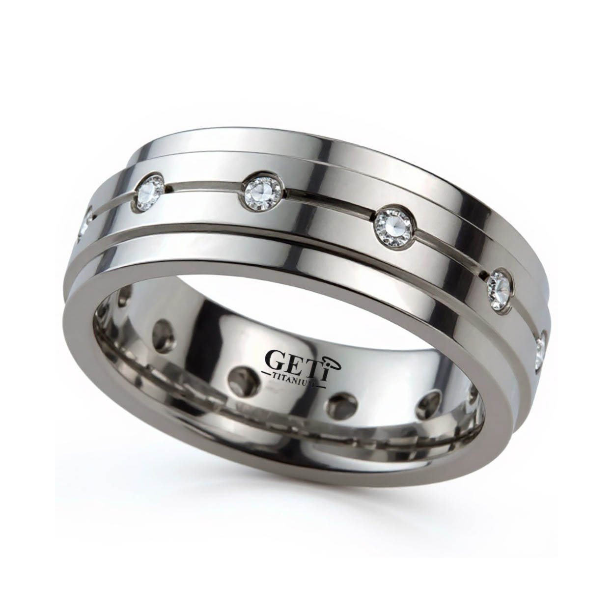 Titanium Wedding Ring with Center Groove and Diamonds