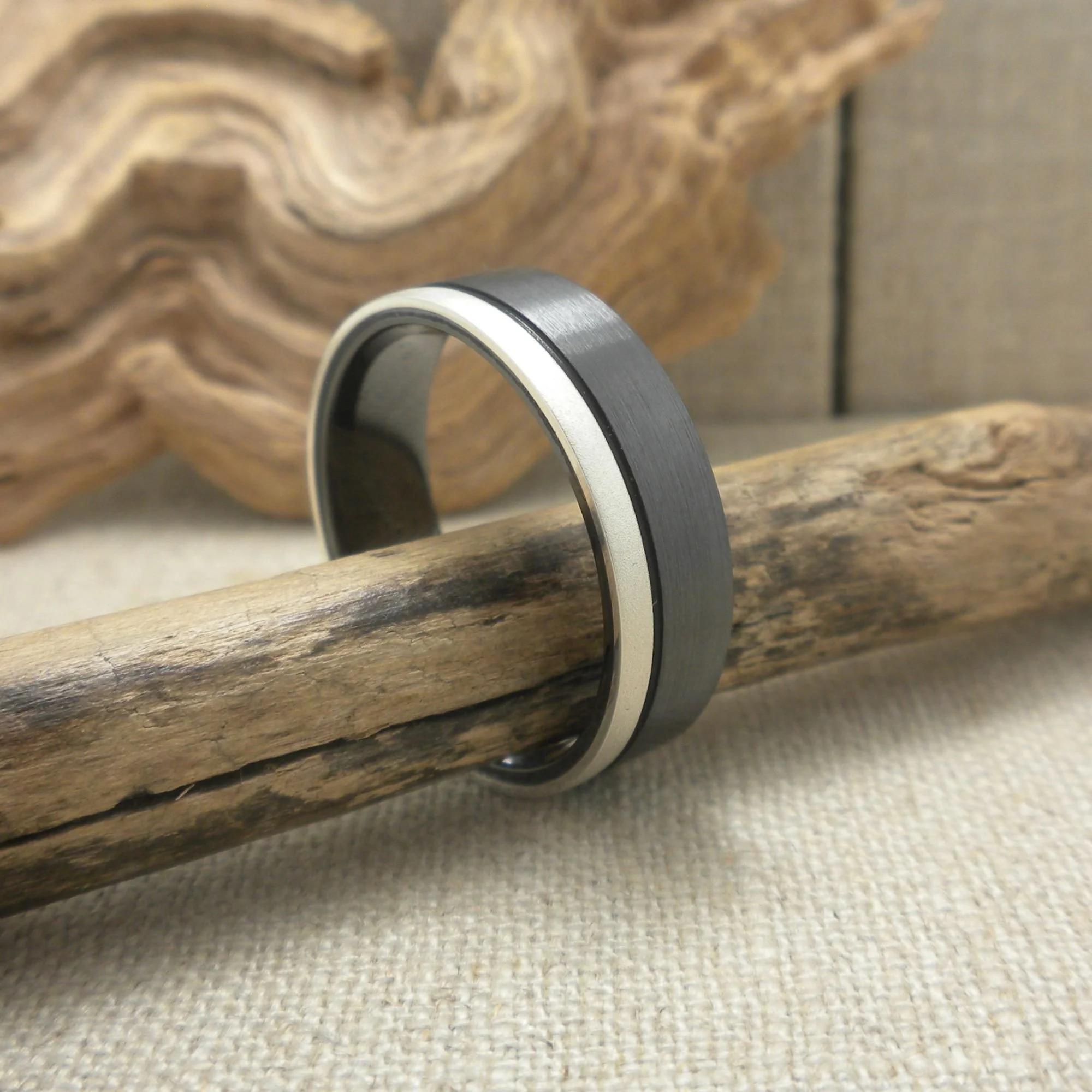Black Zirconium and Silver Wedding Ring