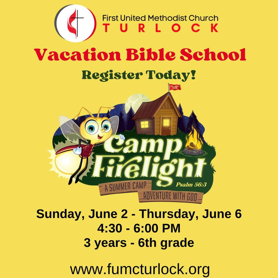 Calling all kids 3 years - 6th grade to join us for Camp Firelight VBS!
Sunday, June 2 - Thursday, June 6 from 4:30 PM - 6:00 PM.
Space is limited sign up today! 
https://fumcturlock.mycokesburyvbs.com/register-child