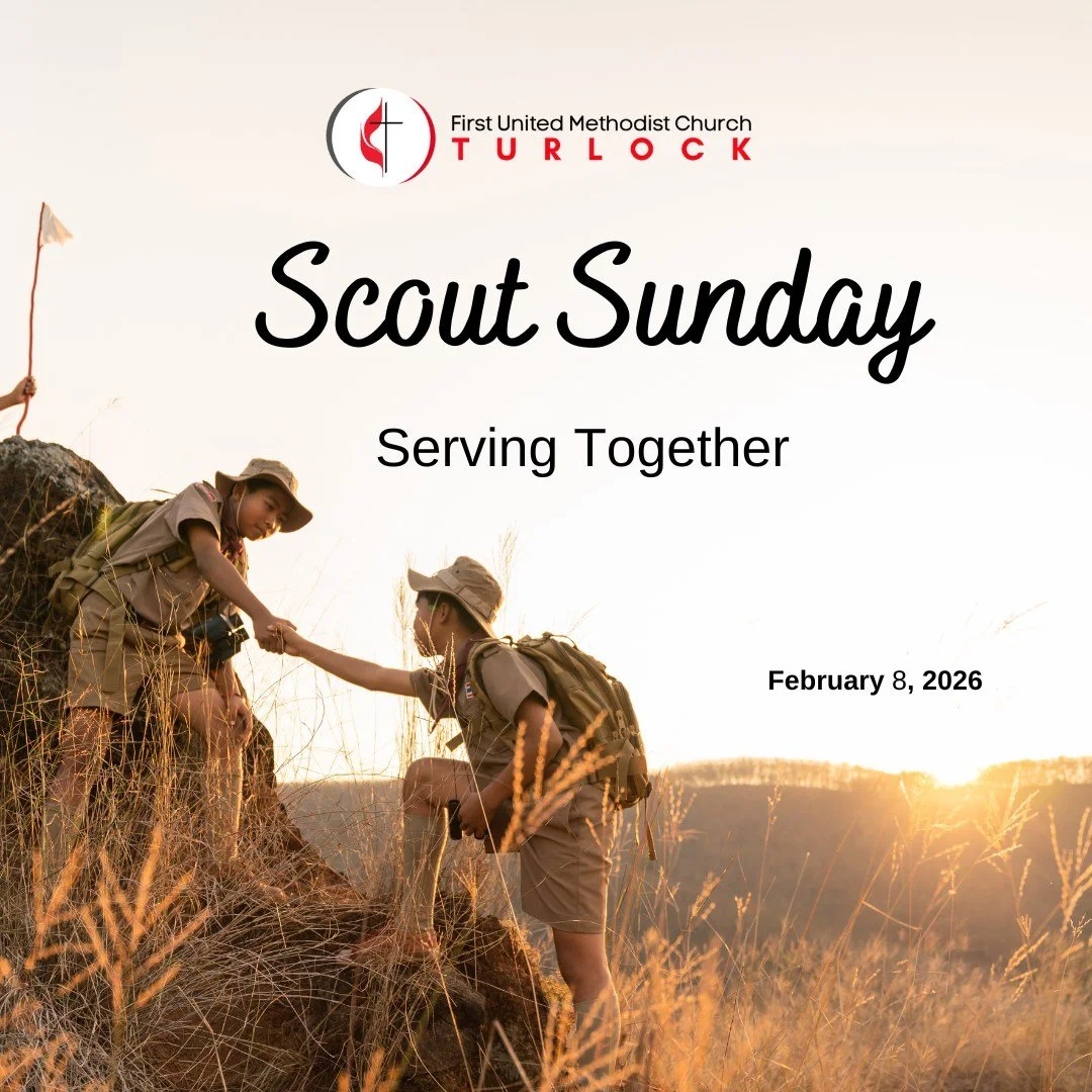 This Sunday we will be celebrating all things scouting as we explore, Serving Together. Join us at 9:30 AM in person or online at www.fumcturlock.org. @Turlock Scouts Pack Troop 451 &amp; 2451  @Troop 451 Turlock, CA