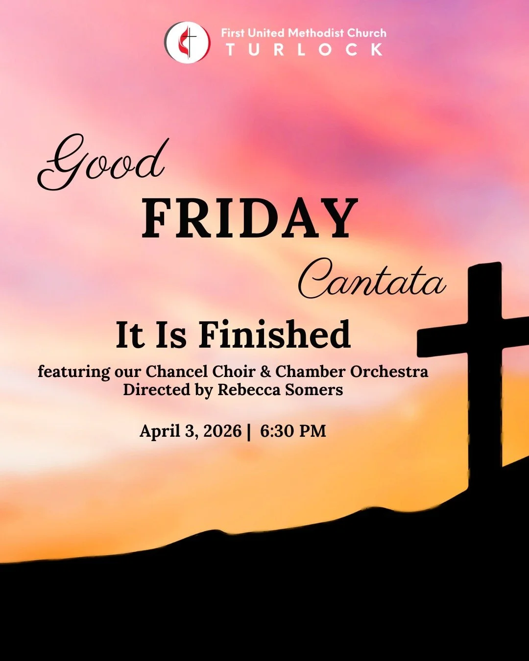 Join us Friday for a musical cantata,  It Is Finished, directed by our Choir Director Rebecca Somers featuring our amazing Chancel Choir and a Chamber Orchestra. Worship with us in person or online www.fumcturlock.org at 6:30 pm.