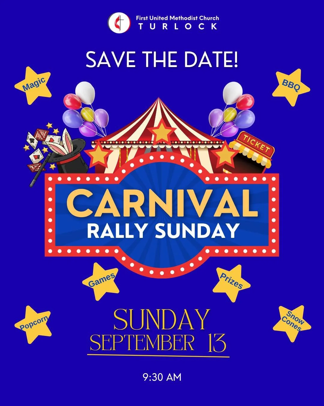 YOU&rsquo;RE INVITED!
 RALLY SUNDAY &bull; SEPTEMBER 13
  Worship at 9:30 AM
  Then join us on the front lawn for a FREE community carnival!

 🎈  Balloon Artist 
 🎩 Magician
 🎯 Games &amp; Prizes 
 🍔 BBQ Lunch
  Bring the whole family &amp; come 