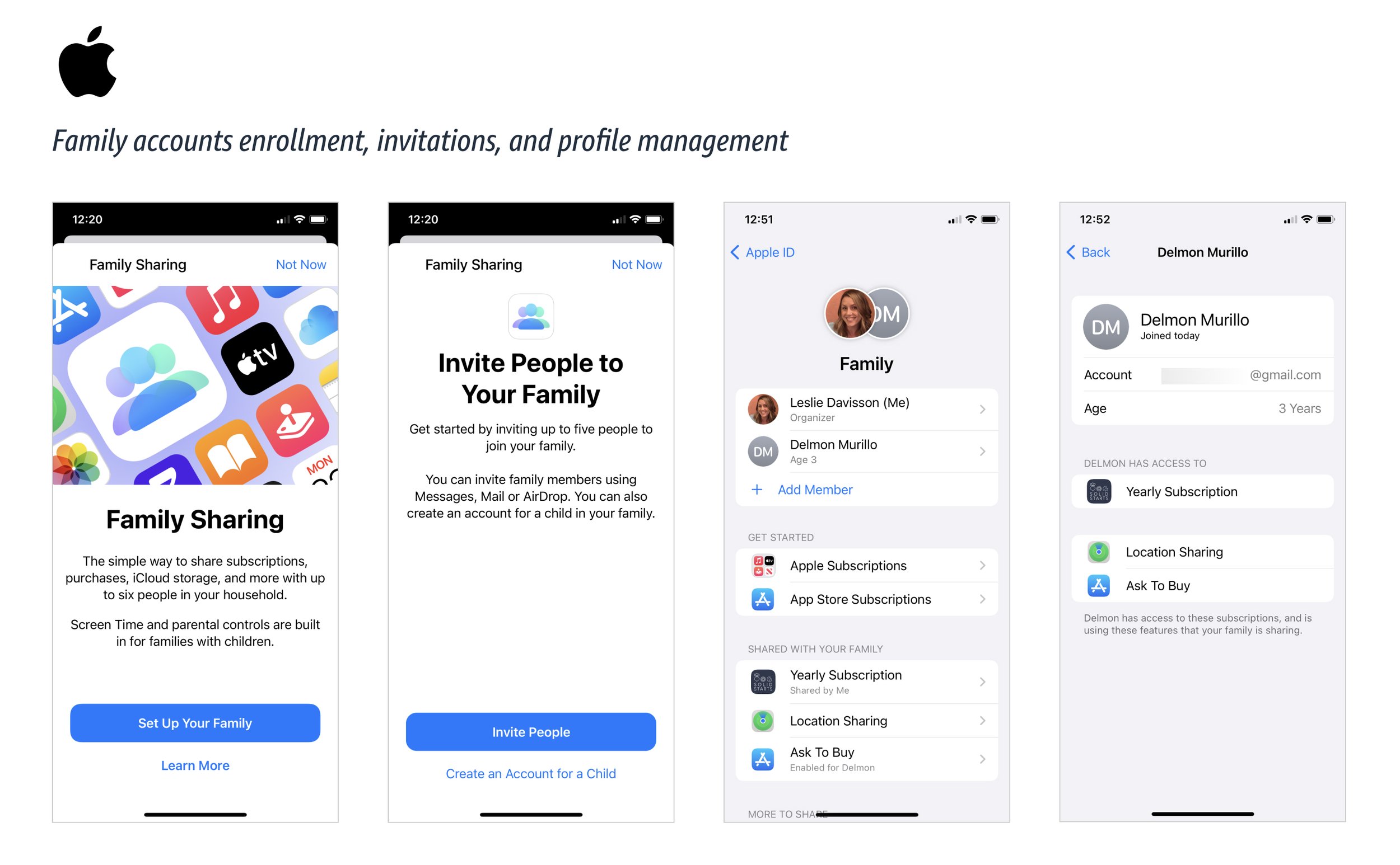 Screenshots of Apple Family profiles