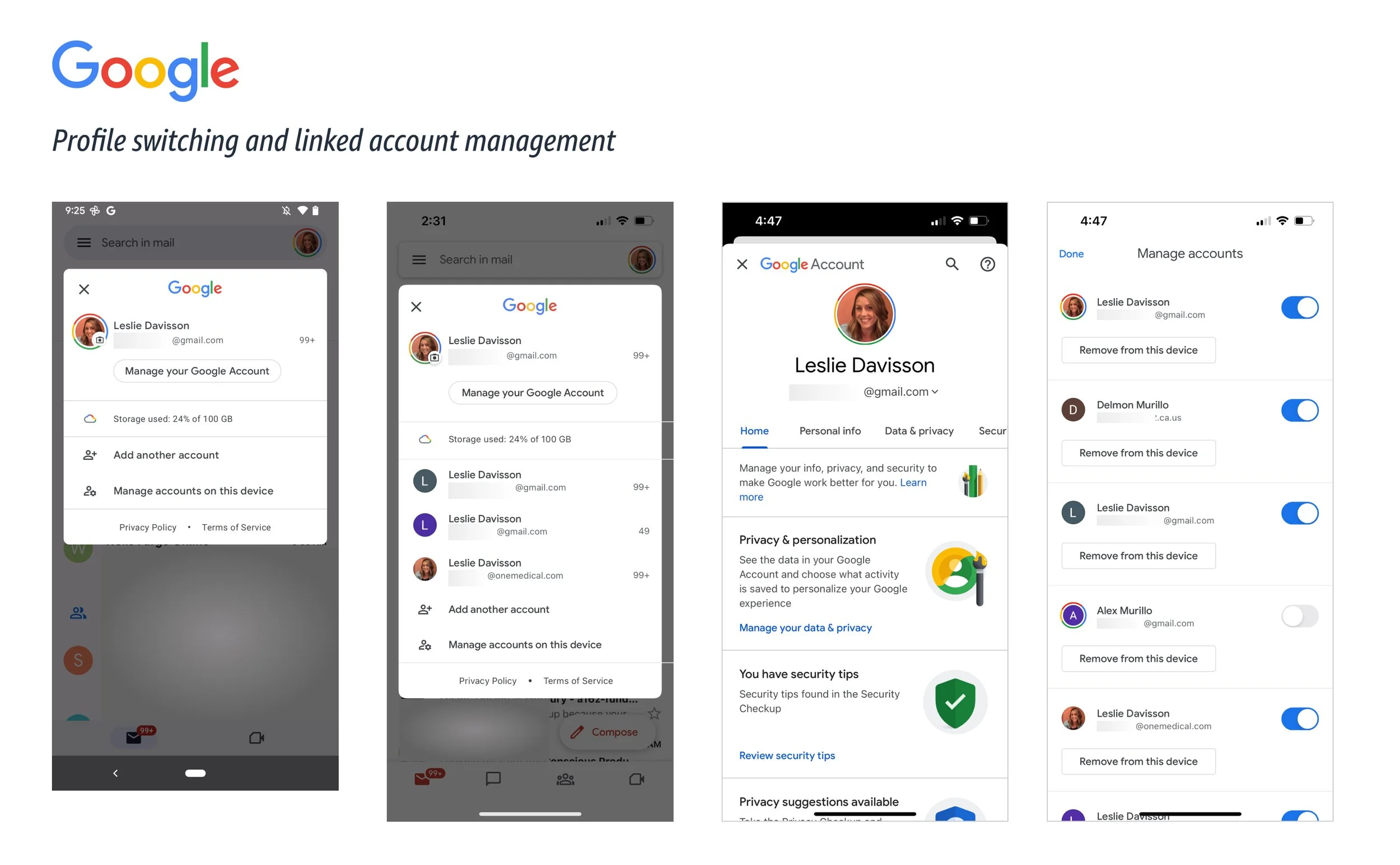 Screenshots of Google profile management