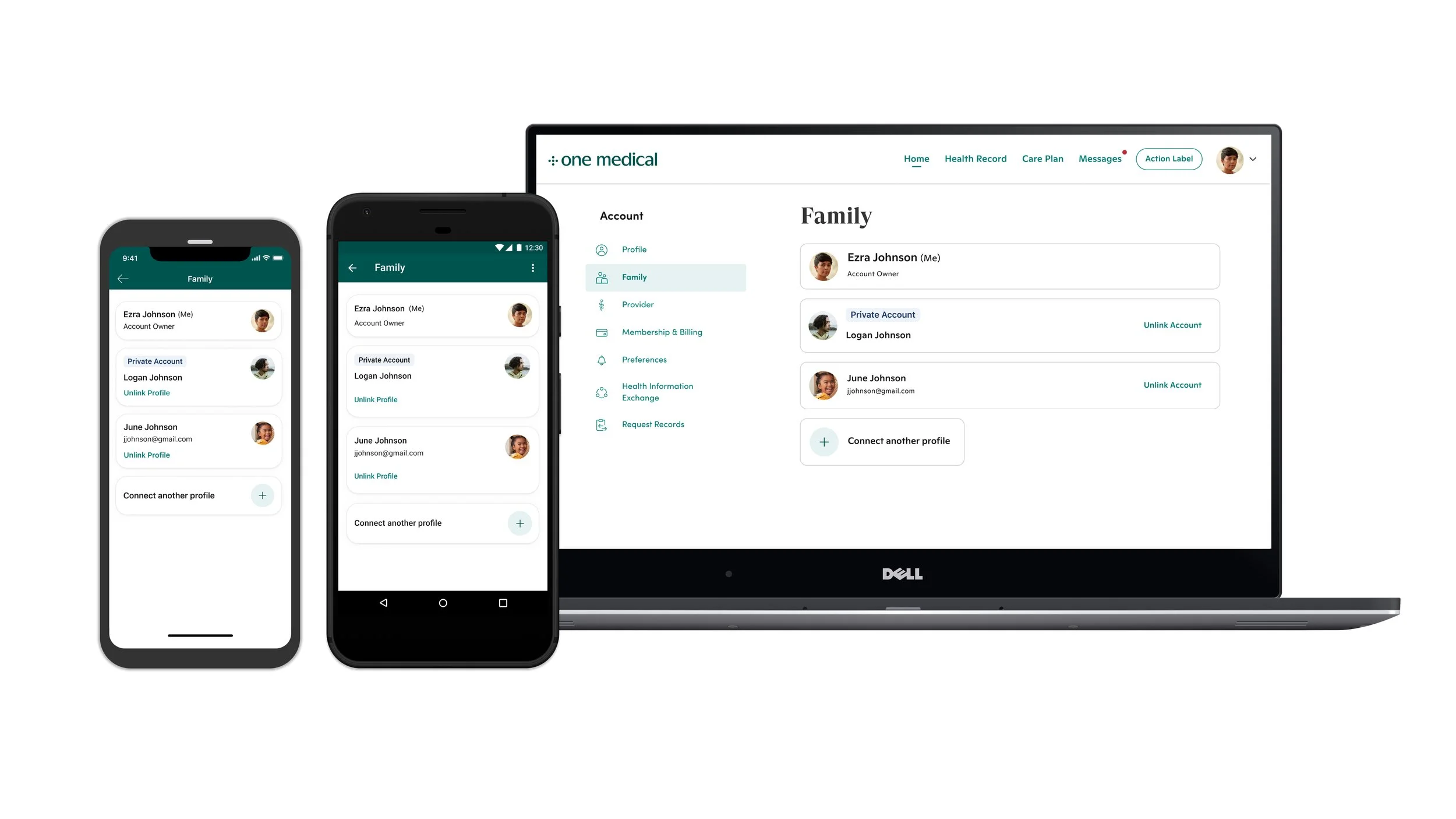 One medical Family page on iOS, Android, and Desktop