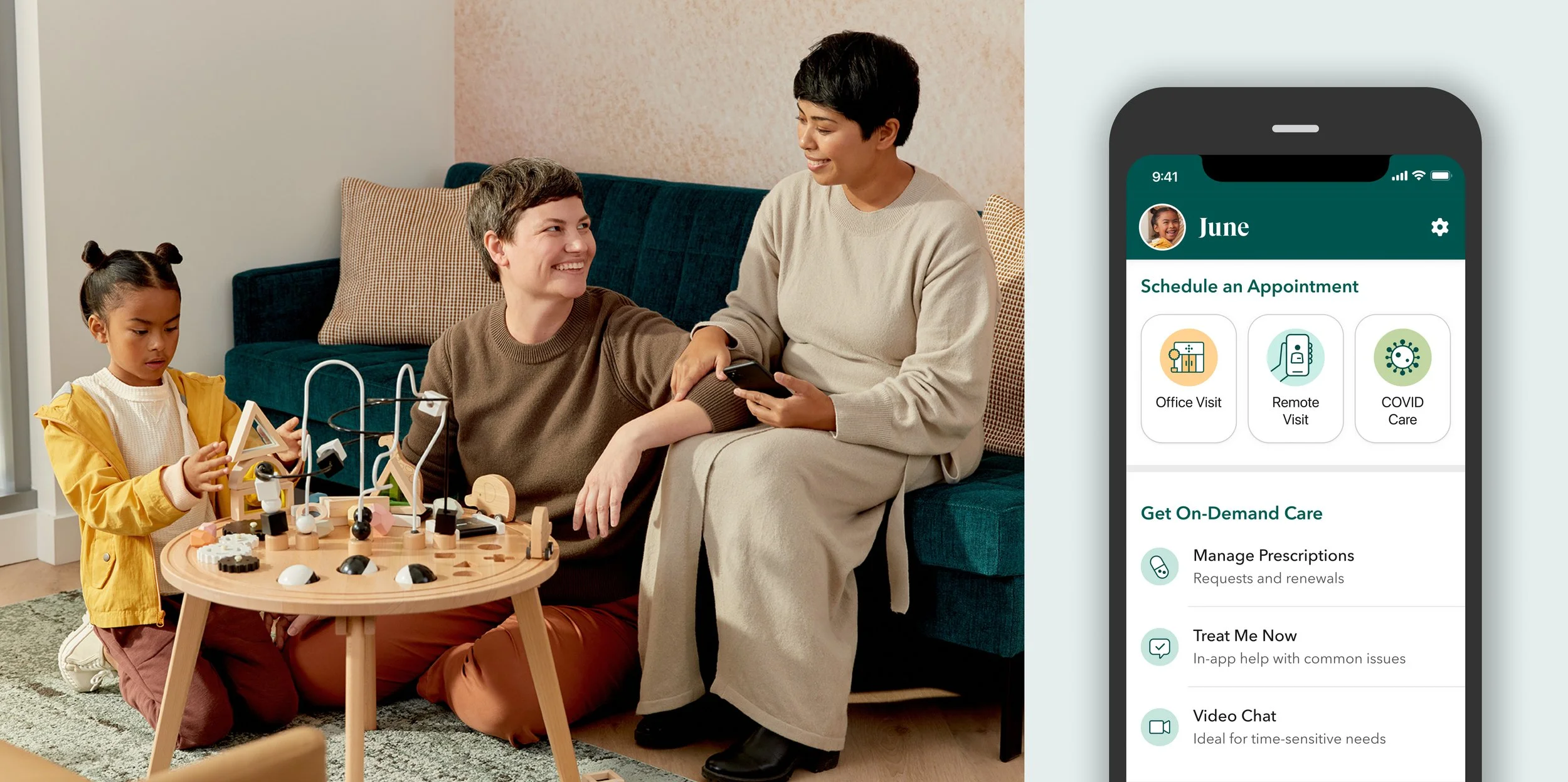 family in office waiting room and zoomed in image of the pediatric profile on the one medical app.jpg