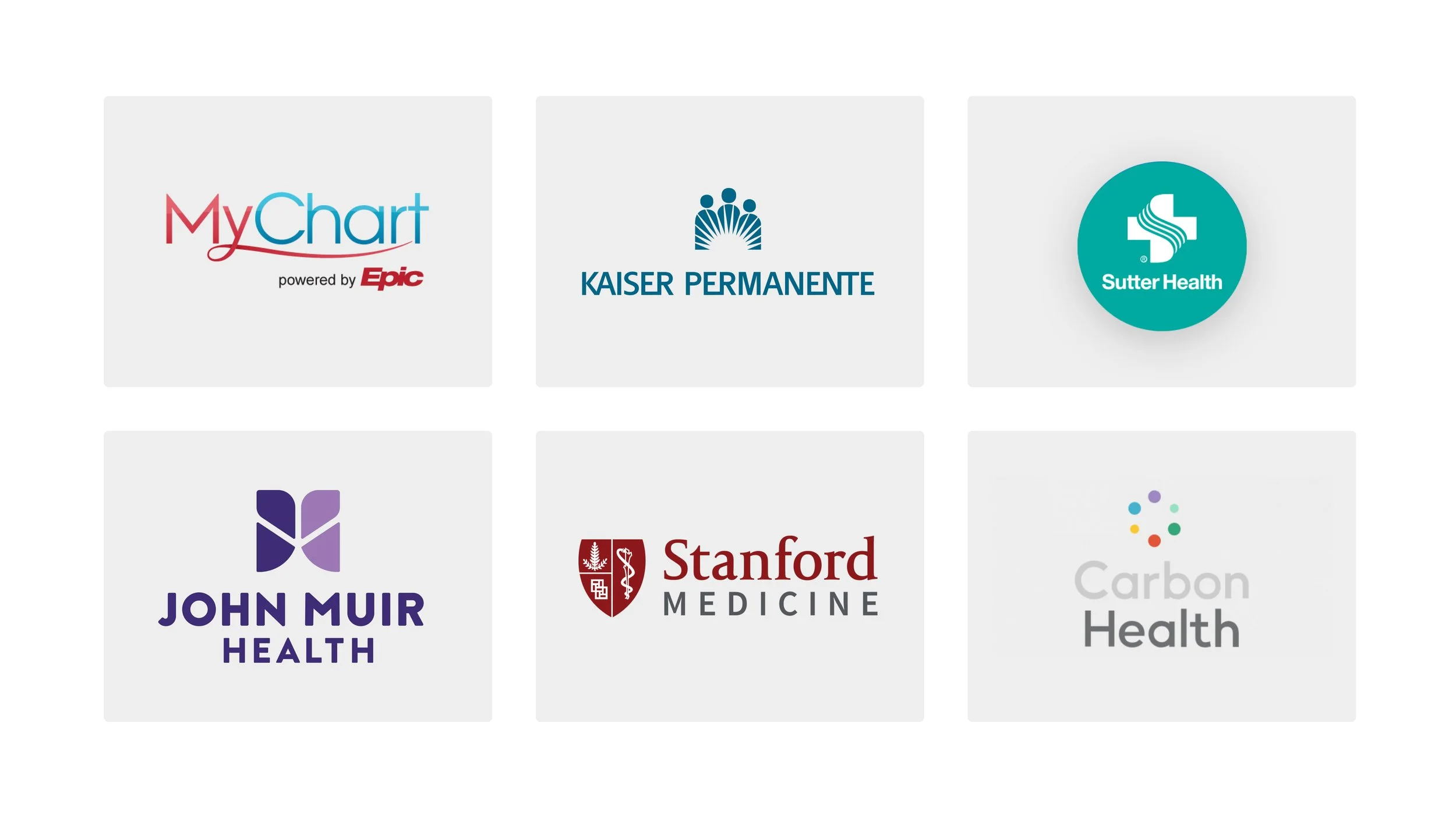 six healthcare logos in squares with gray background - MyChart, Kaiser, Sutter health, John Muir, Stanford medicine, and Carbon health
