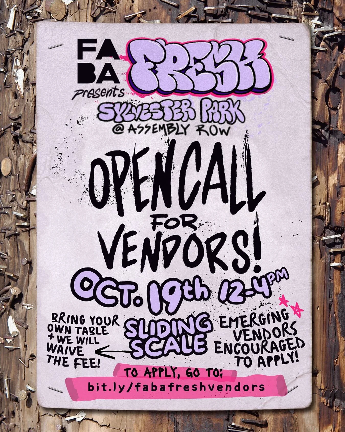 📢 Calling all local makers and artisans! 📢

Applications are now OPEN for artist vendors at #FABAFresh on 10/19

🫟 Priority will be given to emerging artists
🎨 Application closes 10/10
🖌️ Artists will be notified by 10/13

➡️ TO APPLY: visit bit