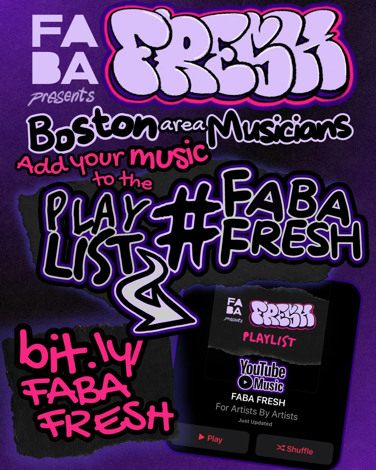 🎶 Boston area musicians! We want to play your music at #FABAFresh! 🎸 

Add your songs to our collaborative FRESH playlist on YouTube Music 👉🏼 bit.ly/fabafreshmusic
We&rsquo;ll be spinning tunes all day between performances 😎

🍉 ABOUT #FABAFresh