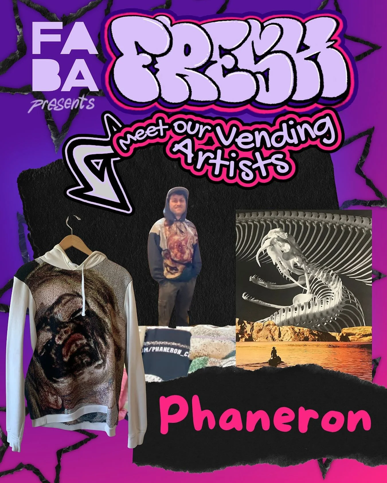 Meet the artists vending at #FABAFresh!

Born from COVID era boredom, @phaneron_collage creates upcycled clothing as well as collages that are reality adjacent with effective surrealist elements. 

You can purchase work created by Phaneron at #FABAFr