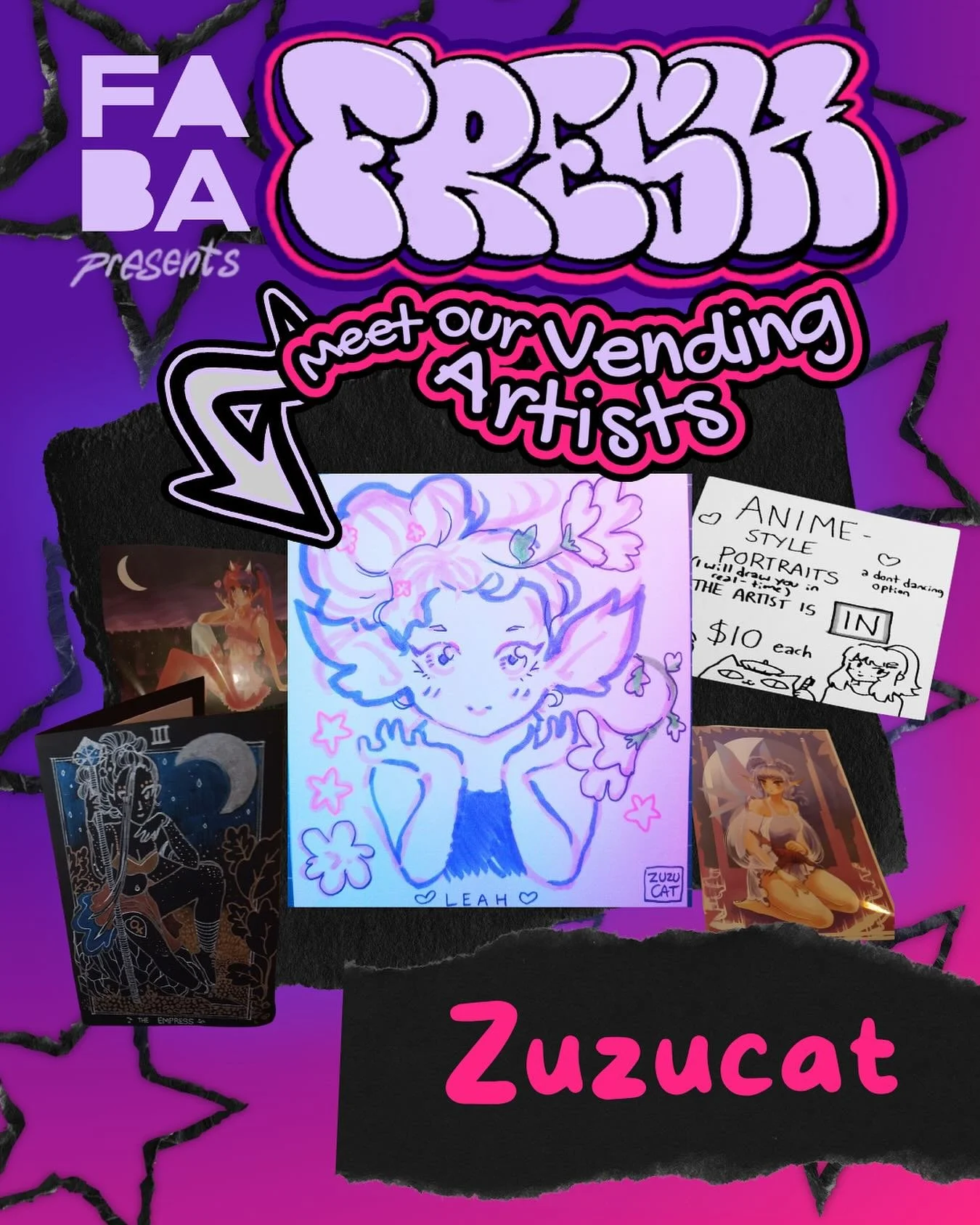 Meet the artists vending at #FABAFresh!

@zuzucatart draws anime-style art and silly little creatures! At FABA Fresh, Zuzucat will make a personalized anime-style portrait drawing of you on-site. While you&rsquo;re getting drawn, you can use her art 