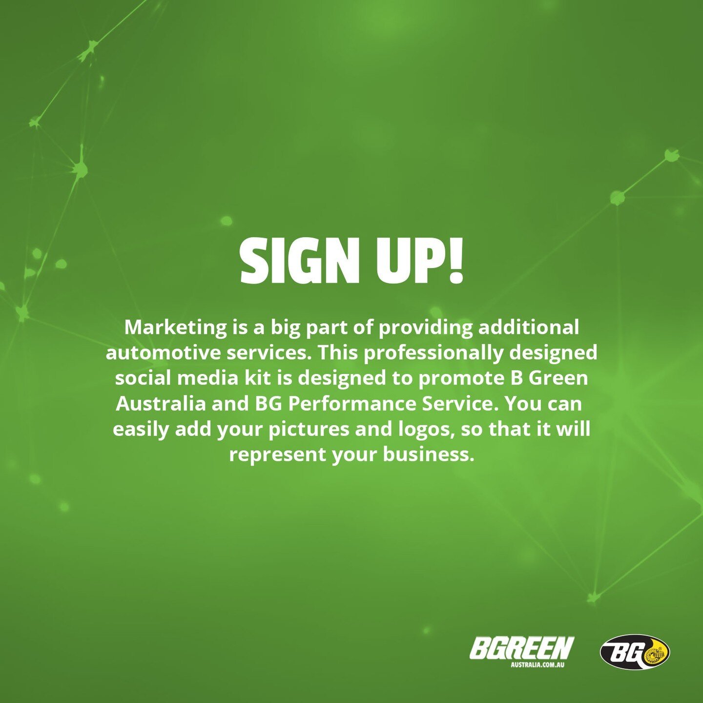 Help us get the BGREEN message out there with our Free Social Media Kit. If you&rsquo;re a BG Service Provider BSURE to sign up today. (See what we did there).
Learn more at www.bgreenaustralia.com.au

#socialmedia #BGAustralia #BGreenAustralia #BGpr