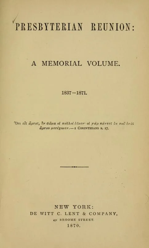 Historical review of the Church (Old School Branch), by Samuel Miller Historical review of the Church (New School Branch), by Jonathan F. Stearns Biographical sketches (Old School Branch), by William B. Sprague Biographical sketches (New School Branch), by Z.M. Humphrey The reunion, by William Adams The assemblies of 1869, by M.W. Jacobus Additional impressions, by P.H. Fowler The reconstruction, by G.S. Plumley The future church, by John Hall Statistics of the Church (Old School Branch) since 1837, by David Irving Statistics of the Church (New School Branch) since 1837, by Edwin F. Hatfield Brief sketches of the members of the reunion committee, by James H.M. Knox Documents, etc