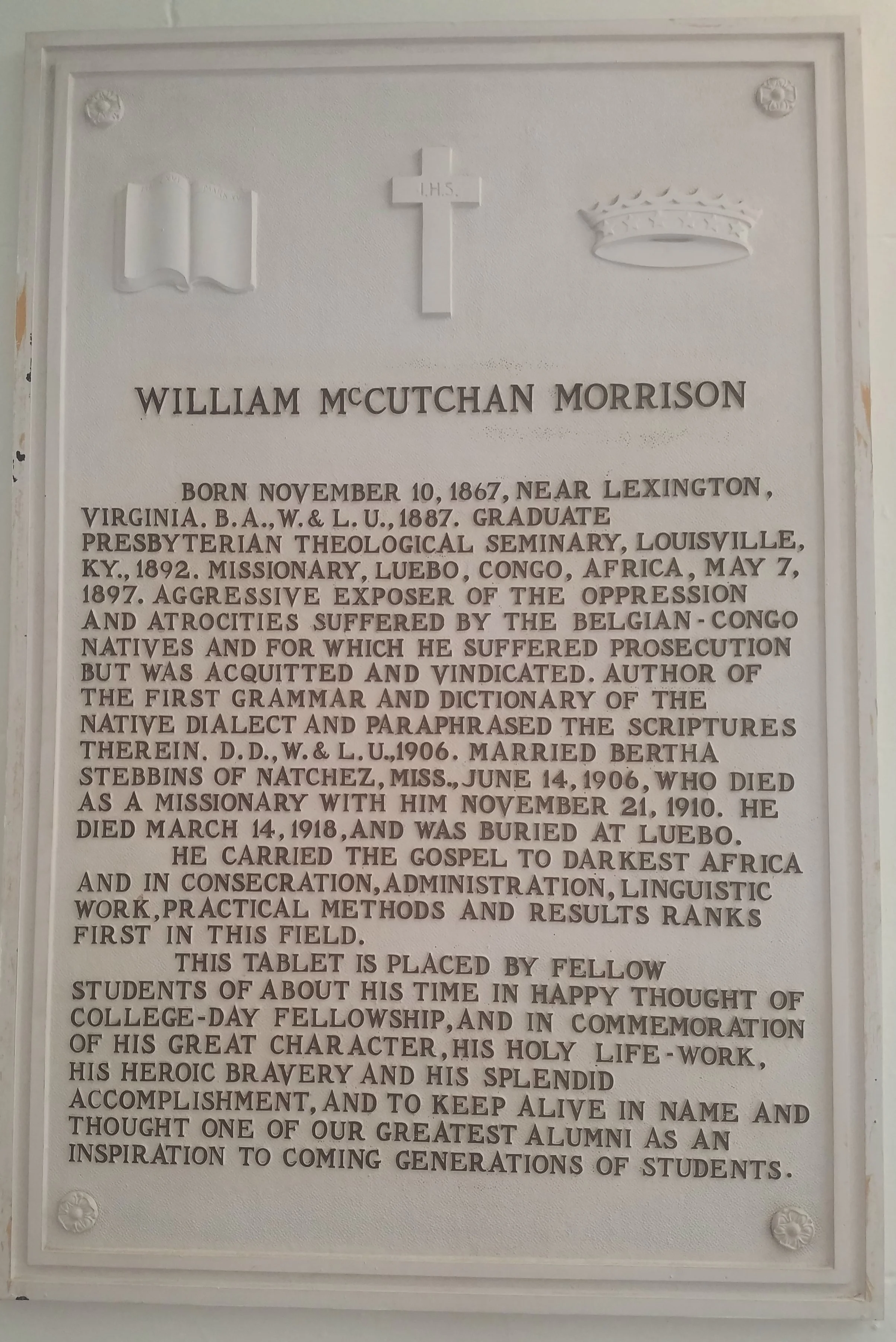 Memorial to William McCutchan Morrison in the Lee Chapel, Lexington, Virginia. Photograph by R. Andrew Myers.