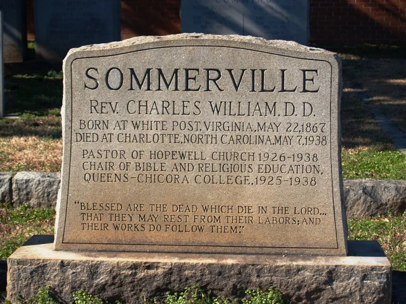 Charles William Sommerville is buried at Hopewell Presbyterian Church Cemetery, Huntersville, North Carolina.